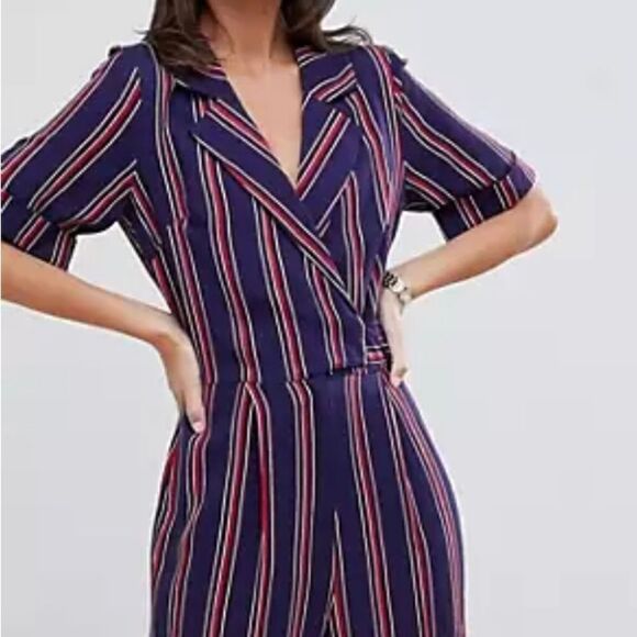 ASOS Pantsuit Sz 0 V Neck Collar Short Sleeve Navy Blue Red Striped Side Belted - Picture 8 of 15